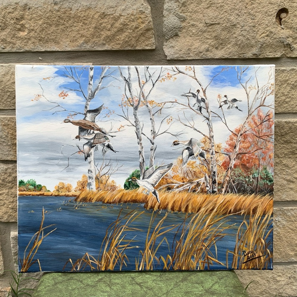 Ducks Flying Over a Pond Painting on Canvas Signed 16” x 20”